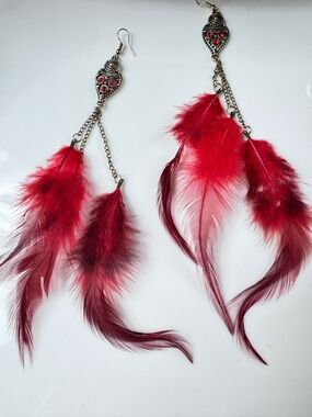 Red Feather Drop Earrings - Statement Feather Jewelry